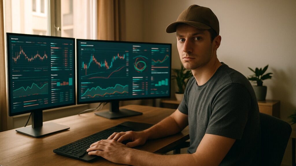 Een handelaar aan een bureau met meerdere schermen kijkt richting de camera