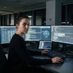 Beveiligingsanalist volgt in een donker kantoor blockchain-transacties op meerdere schermen