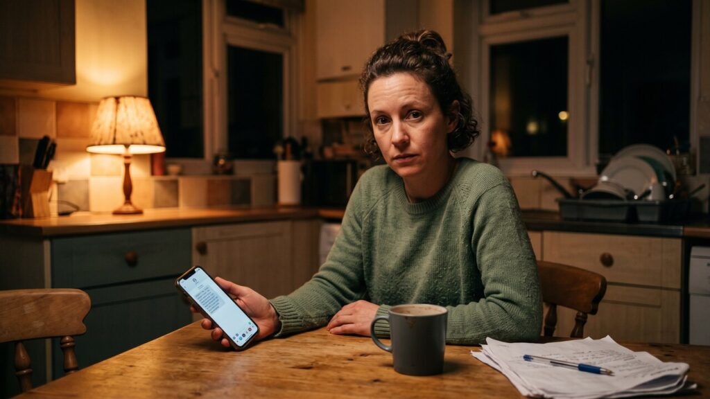 Iemand thuis kijkt kritisch naar een verdacht bericht op de telefoon