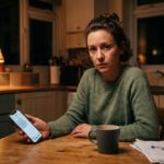 Iemand thuis kijkt kritisch naar een verdacht bericht op de telefoon