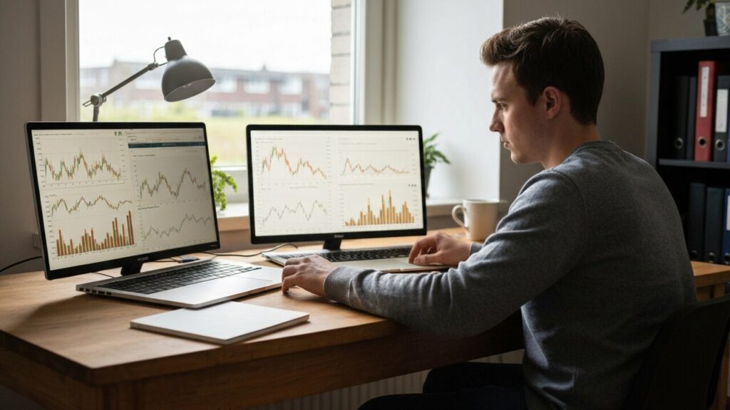 Jonge man bestudeert koersgrafieken van altcoins op twee laptopschermen aan een bureau bij daglicht