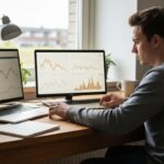 Jonge man bestudeert koersgrafieken van altcoins op twee laptopschermen aan een bureau bij daglicht