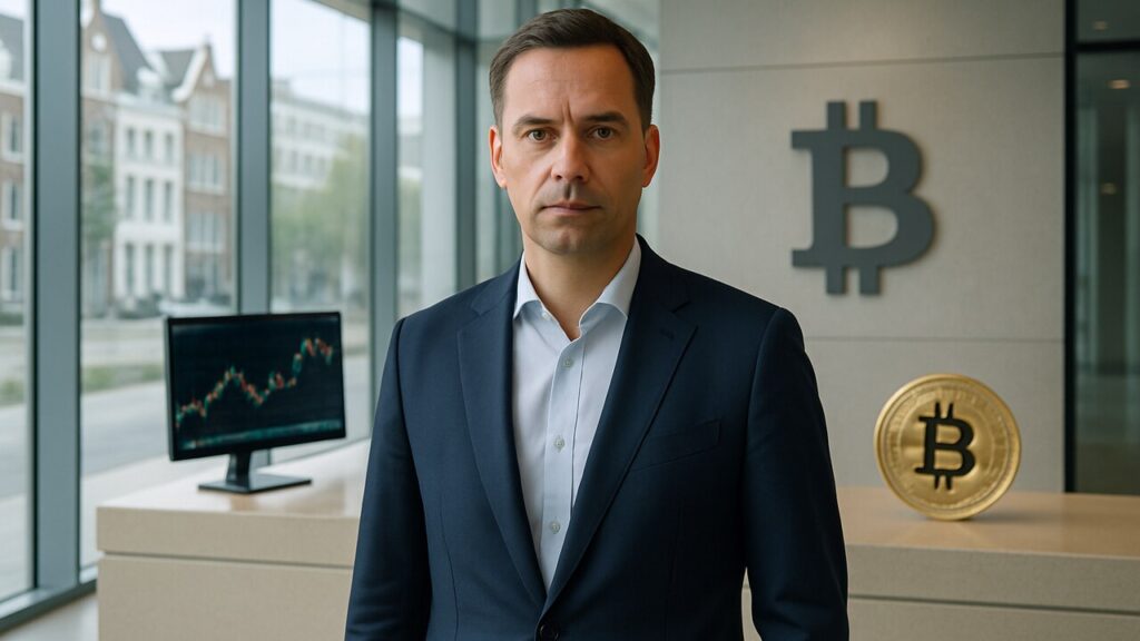 Nederlandse zakenman in pak in een modern Amsterdams kantoor met een Bitcoin-symbool op de wand