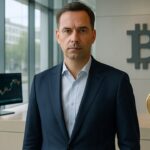 Nederlandse zakenman in pak in een modern Amsterdams kantoor met een Bitcoin-symbool op de wand