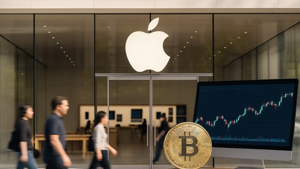 Ingang van een Apple Store met het Apple-logo boven de glazen pui bij daglicht