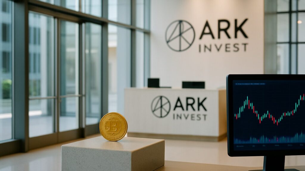 Ingang van het ARK Invest kantoor in een modern glazen gebouw met logo bij de receptie