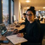 Een ontwikkelaar achter een laptop in een modern kantoor kijkt richting de camera, met schetsen op het bureau