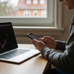 Iemand betaalt met een smartphone aan de keukentafel, met een laptop ernaast