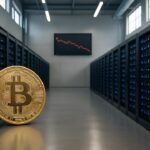 Interieur van een Bitcoin-datacenter met serverrijen en op de achtergrond een scherm met een dalende koersgrafiek