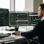 Een analist bestudeert financiele grafieken op meerdere schermen in een modern handelskantoor