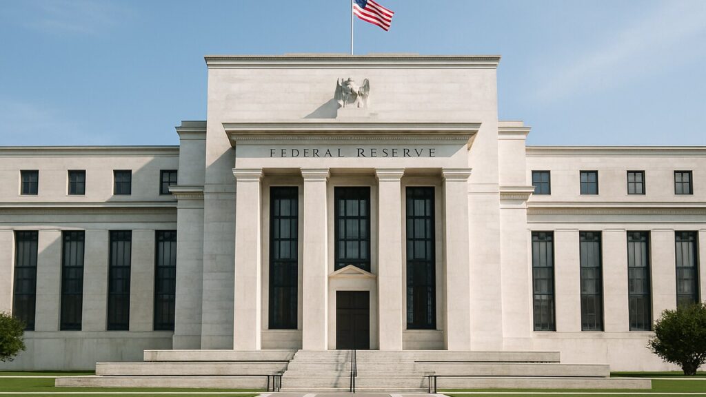 Het gebouw van de Amerikaanse Federal Reserve in daglicht met stenen zuilen