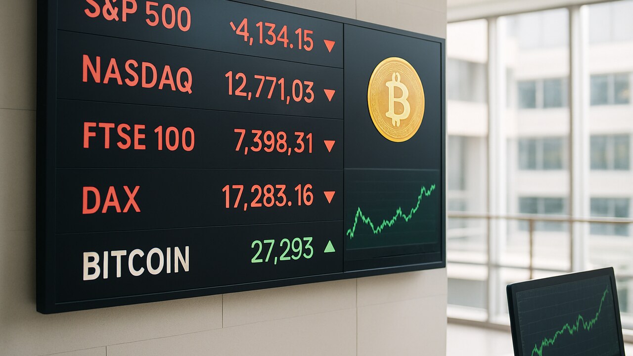 Beursscherm in een handelszaal met rode dalende indexen en een relatief stabiele Bitcoin-koerslijn