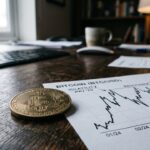 Een fysieke bitcoin-munt op een houten bureau naast een geprinte koersgrafiek in gedempt licht