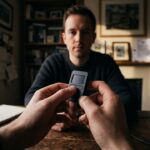 Handen van een belegger houden een hardware wallet vast in een schemerig kantoor