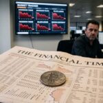 Een fysieke bitcoin-munt op een financiele krant met op de achtergrond een wazig beursscherm dat dalende markten toont