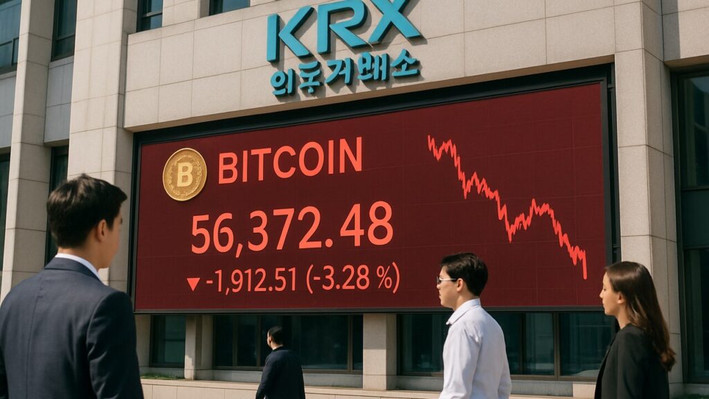 Rood oplichtend beurspaneel aan het Korea Exchange-gebouw in Seoul tijdens de scherpe daling van de Kospi