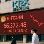 Rood oplichtend beurspaneel aan het Korea Exchange-gebouw in Seoul tijdens de scherpe daling van de Kospi