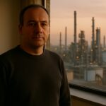 Een energiehandelaar kijkt rustig in de camera met op de achtergrond een olieraffinaderij in de avondschemering