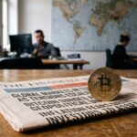 Fysieke bitcoin-munt op een financiele krant met op de achtergrond een vage wereldkaart die geopolitieke spanning oproept