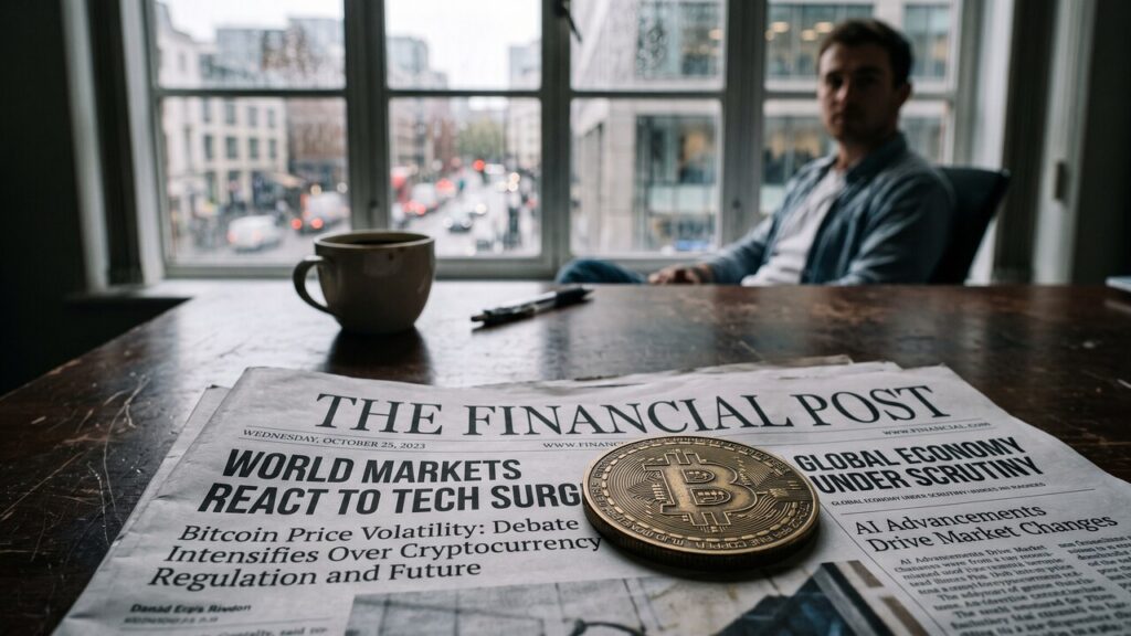 Een fysieke bitcoinmunt op een opgevouwen krant met wereldnieuws op een donker bureau