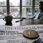 Een fysieke bitcoinmunt op een opgevouwen krant met wereldnieuws op een donker bureau