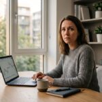 Een belegger achter een laptop in een thuiskantoor kijkt bezorgd richting de camera