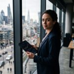 Analist bij een raam in een kantoor met uitzicht op een financieel district, kijkend richting de camera