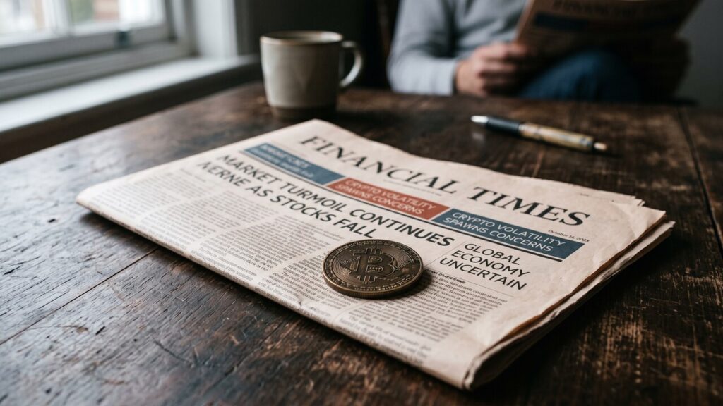 Een fysieke bitcoin-munt op een financiele krant, met gedempt licht dat marktonzekerheid oproept