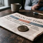 Een fysieke bitcoin-munt op een financiele krant, met gedempt licht dat marktonzekerheid oproept