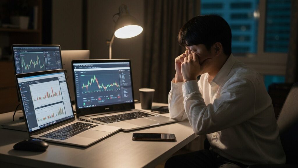 Zuid-Koreaanse belegger achter laptop en telefoon met handelsapps tijdens beursonrust