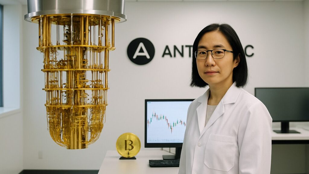 Onderzoekster in een helder verlicht kwantumlab bij een quantumcomputer, met verwijzing naar cryptografisch onderzoek