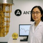 Onderzoekster in een helder verlicht kwantumlab bij een quantumcomputer, met verwijzing naar cryptografisch onderzoek