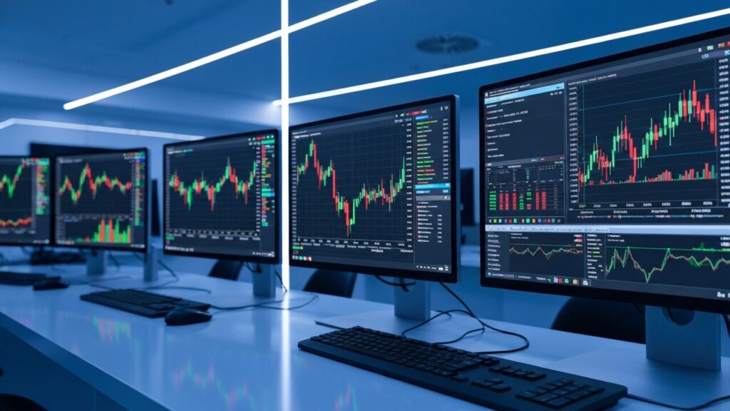 Handelsvloer met bewegende beursgrafieken terwijl een scherm opvallend rustig blijft, symbool voor de stabiele bitcoinkoers tijdens marktonrust