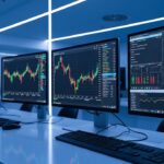 Handelsvloer met bewegende beursgrafieken terwijl een scherm opvallend rustig blijft, symbool voor de stabiele bitcoinkoers tijdens marktonrust