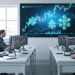 Modern handelskantoor met een groot scherm vol abstracte beursgrafieken en blockchain-verbindingen in blauw en groen