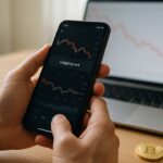 Handen die op een smartphone een handelsaccount afsluiten, met een laptop en een dalende grafiek op de achtergrond