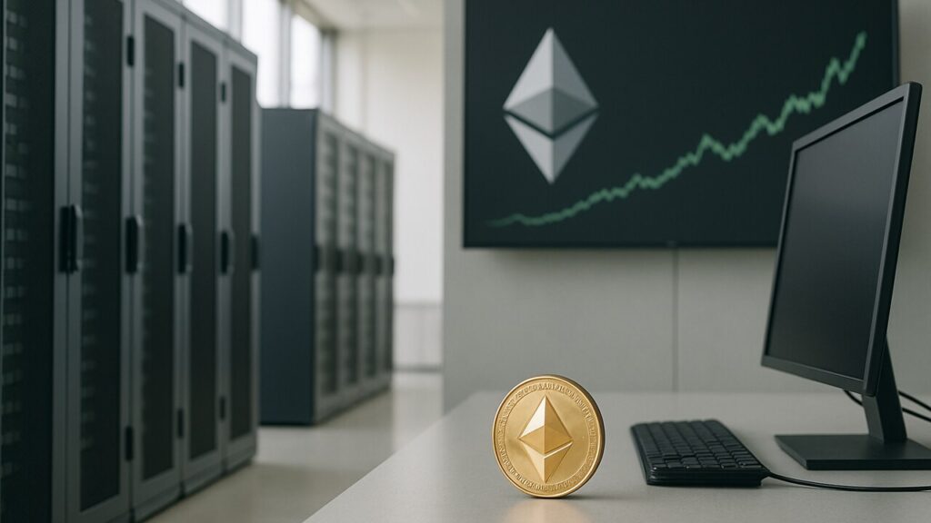 Modern datacenter met serverkasten en een scherm dat het Ethereum-logo en een stijgende groene koerslijn toont