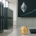 Modern datacenter met serverkasten en een scherm dat het Ethereum-logo en een stijgende groene koerslijn toont