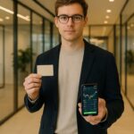 Jonge professional in een moderne fintech-kantooromgeving houdt een betaalkaart en een smartphone met handelsscherm vast