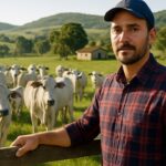 Braziliaanse boer bij een kudde koeien op een zonnig weiland, symbool voor getokeniseerd vee als onderpand voor een lening