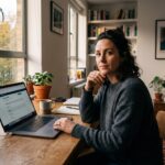 Anonieme gebruiker achter een laptop met een stemscherm, kijkend naar de camera in een huiselijke werkplek
