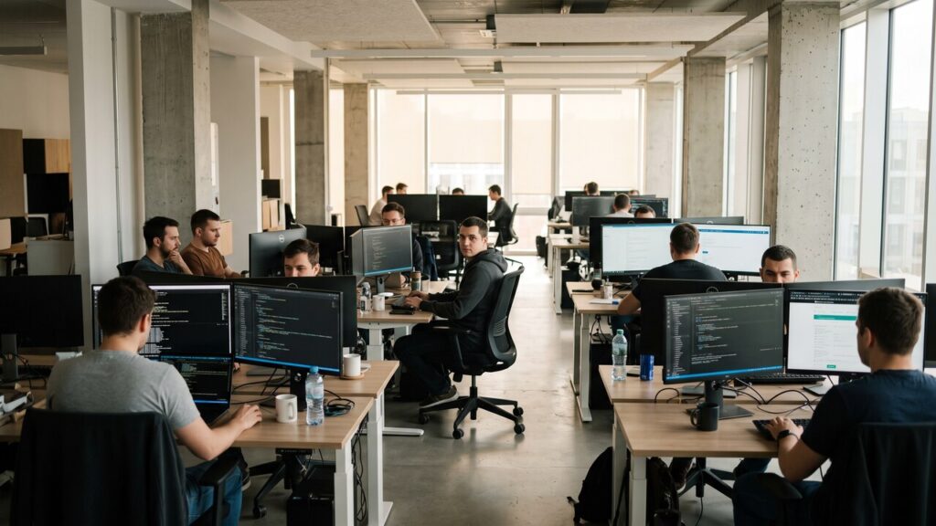 Meerdere ontwikkelteams werken aan aparte bureaus in een licht kantoor, symbool voor verspreide kernontwikkeling van Cardano