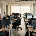Meerdere ontwikkelteams werken aan aparte bureaus in een licht kantoor, symbool voor verspreide kernontwikkeling van Cardano