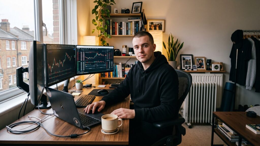 Een jonge handelaar aan een bureau thuis kijkt bedachtzaam in de camera met een laptop voor zich