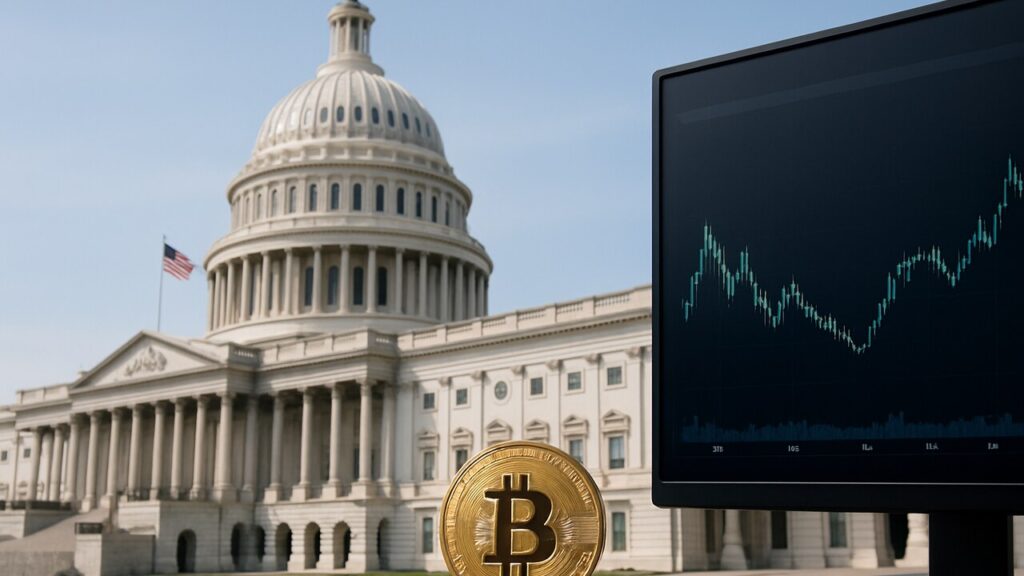 Het Capitool in Washington bij daglicht met Amerikaanse vlag, symbool voor de vastgelopen cryptowet CLARITY Act