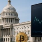 Het Capitool in Washington bij daglicht met Amerikaanse vlag, symbool voor de vastgelopen cryptowet CLARITY Act