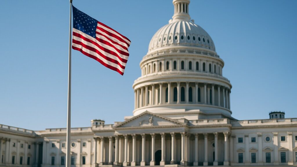 Het Capitool in Washington bij helder daglicht, symbool voor de vertraagde Amerikaanse cryptowet CLARITY Act