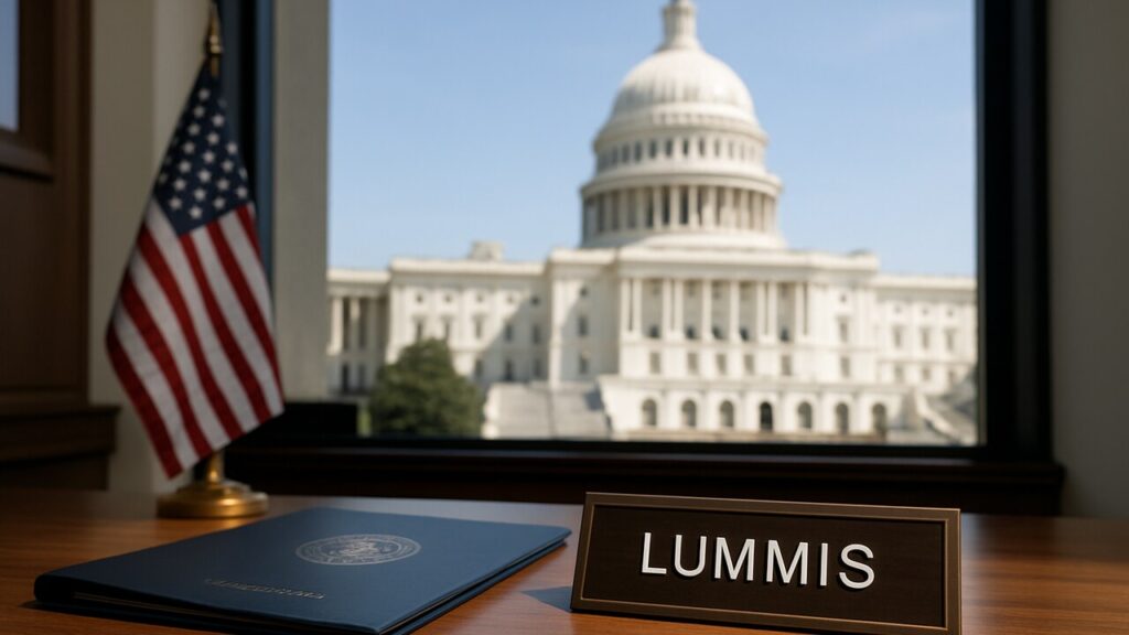 Het Capitool in Washington met op een bureau een naambordje van senator Lummis en een wetsdossier