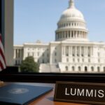 Het Capitool in Washington met op een bureau een naambordje van senator Lummis en een wetsdossier