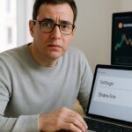 Persoon achter laptop met een deel-link-instelling op het scherm, kijkend naar de camera